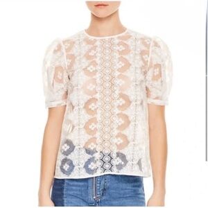 SANDRO Esperance Blouse Top White Sheer w Lace Puffed Short Sleeve
